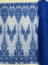 Royalty Damask Beaded Lace Fabric - Damask Pattern, Beaded Mesh, 54" Width (1 Yard)