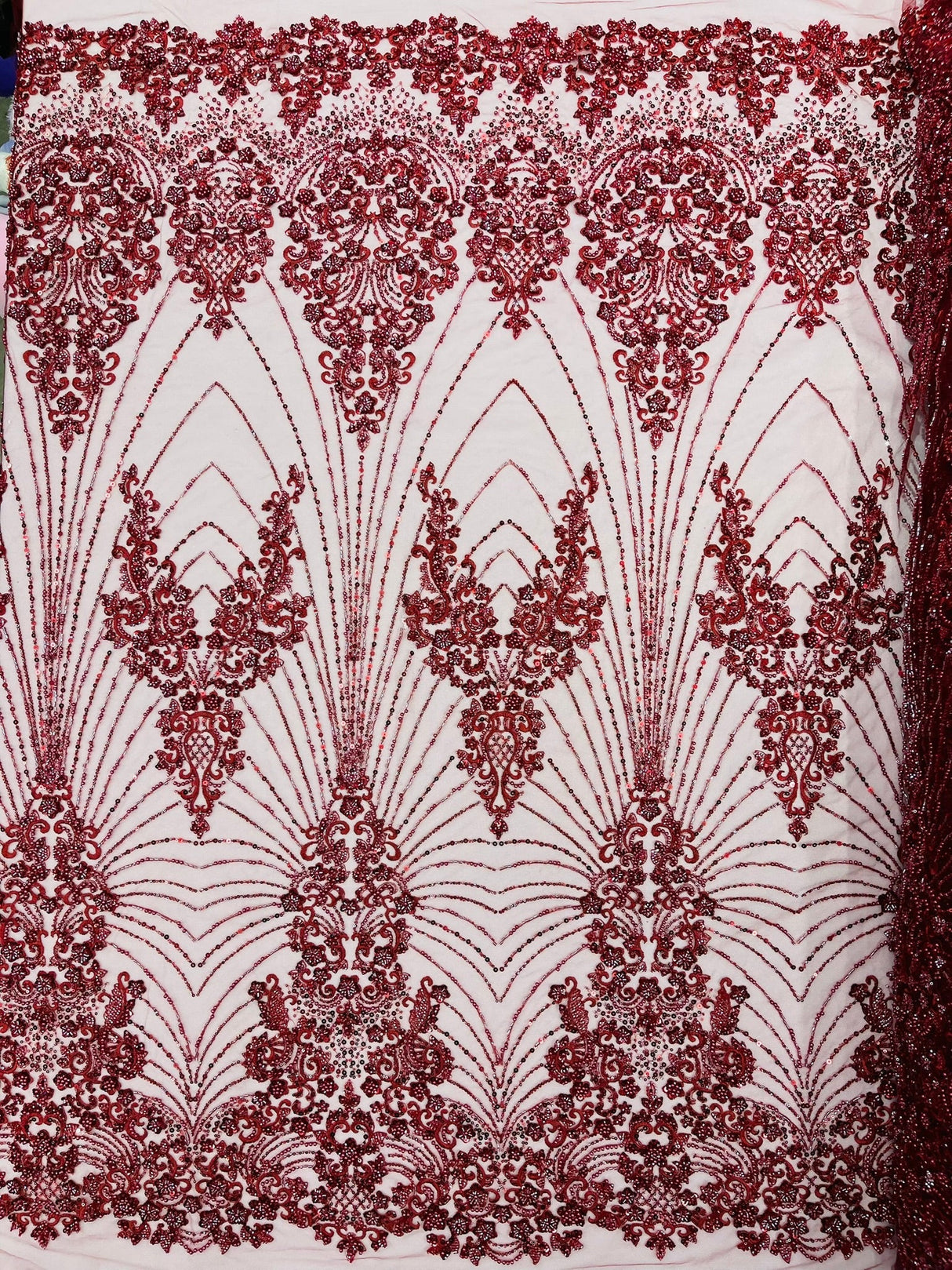 Royalty Damask Beaded Lace Fabric - Damask Pattern, Beaded Mesh, 54" Width (1 Yard)