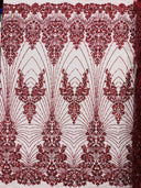 Royalty Damask Beaded Lace Fabric - Damask Pattern, Beaded Mesh, 54" Width (1 Yard)