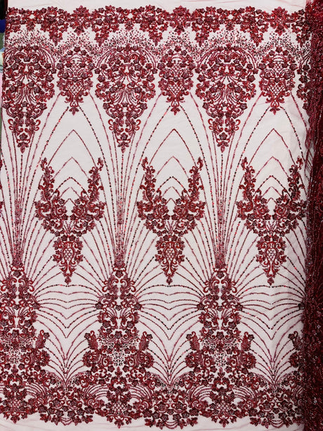 Royalty Damask Beaded Lace Fabric - Damask Pattern, Beaded Mesh, 54" Width (1 Yard)