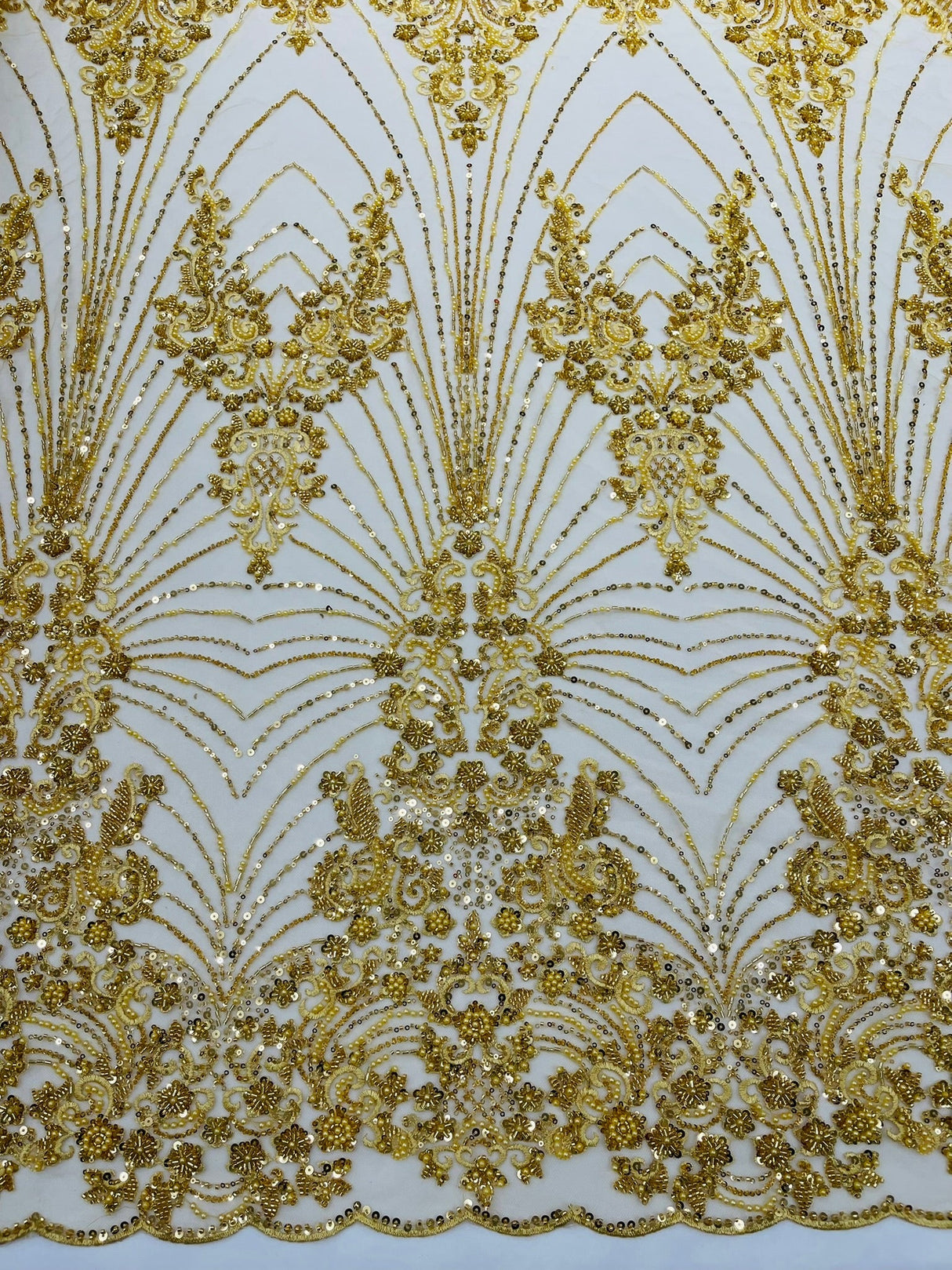 Royalty Damask Beaded Lace Fabric - Damask Pattern, Beaded Mesh, 54" Width (1 Yard)