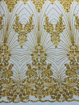 Royalty Damask Beaded Lace Fabric - Damask Pattern, Beaded Mesh, 54" Width (1 Yard)