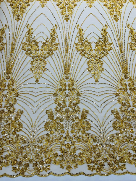 Royalty Damask Beaded Lace Fabric - Damask Pattern, Beaded Mesh, 54" Width (1 Yard)