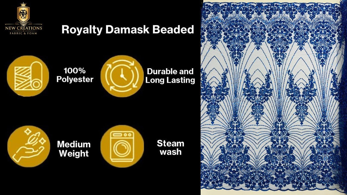 Royalty Damask Beaded Lace Fabric - Damask Pattern, Beaded Mesh, 54" Width (1 Yard)