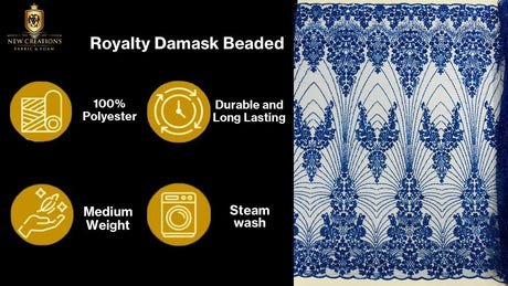 Royalty Damask Beaded Lace Fabric - Damask Pattern, Beaded Mesh, 54" Width (1 Yard)
