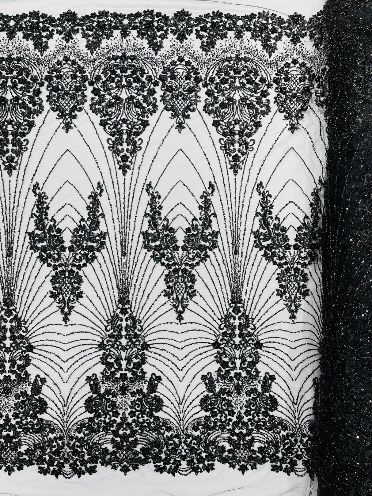 Royalty Damask Beaded Lace Fabric - Damask Pattern, Beaded Mesh, 54" Width (1 Yard)
