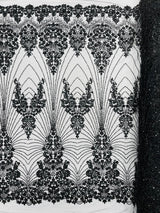 Royalty Damask Beaded Lace Fabric - Damask Pattern, Beaded Mesh, 54" Width (1 Yard)