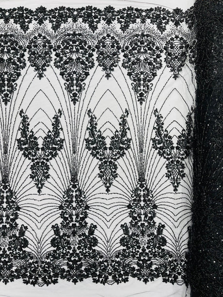 Royalty Damask Beaded Lace Fabric - Damask Pattern, Beaded Mesh, 54" Width (1 Yard)