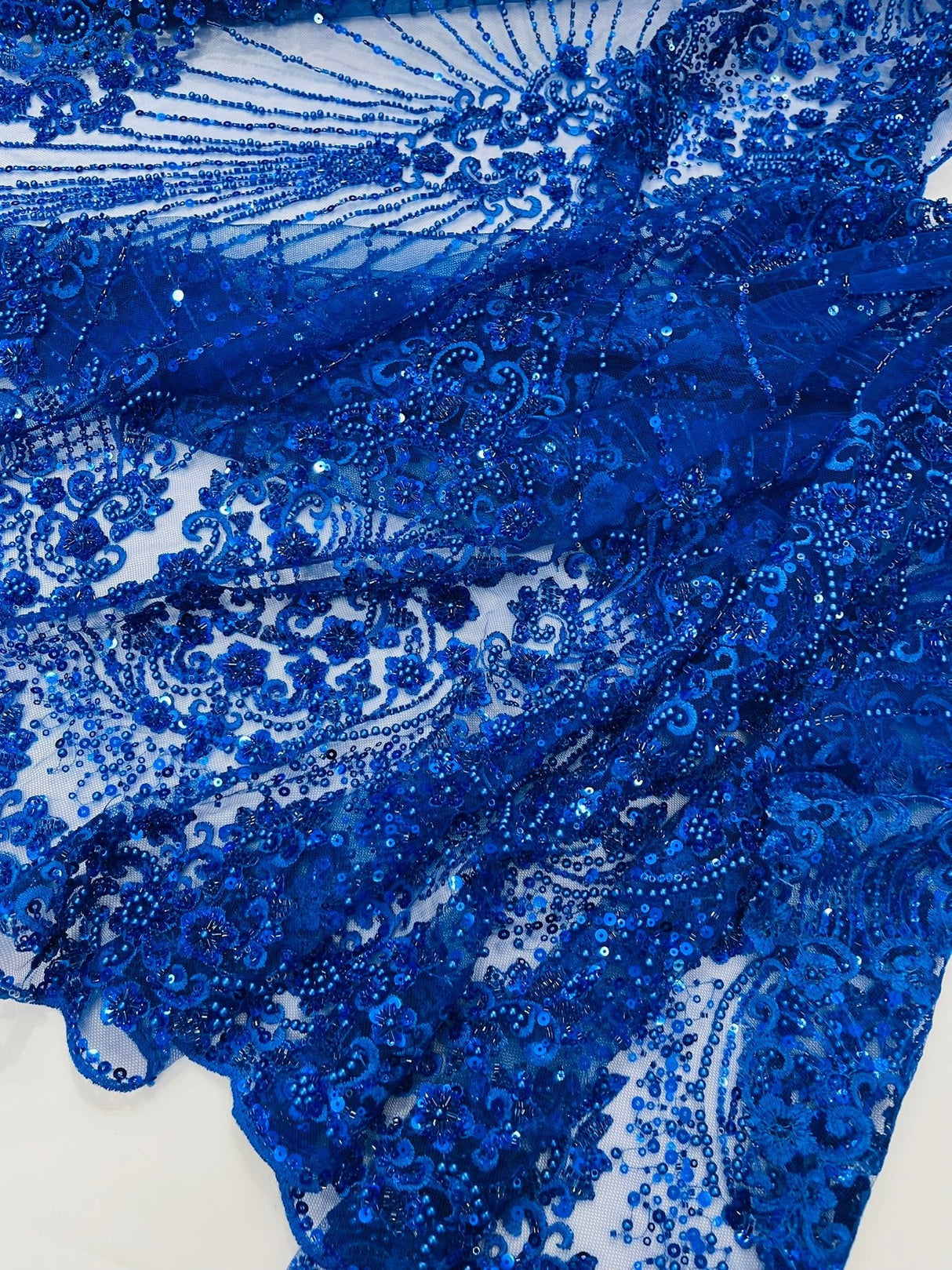 Royalty Damask Beaded Lace Fabric - Damask Pattern, Beaded Mesh, 54" Width (1 Yard)