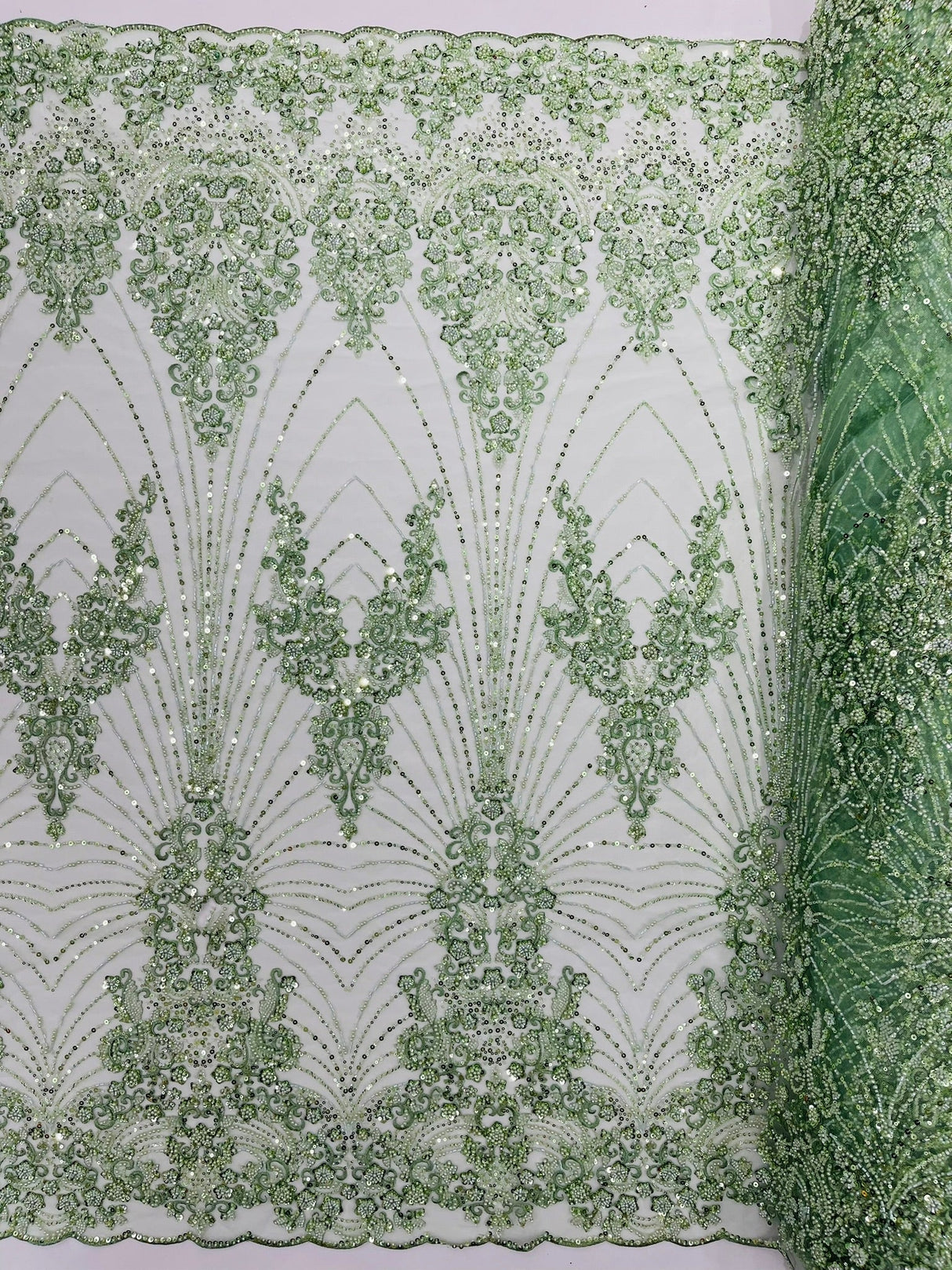 Royalty Damask Beaded Lace Fabric - Damask Pattern, Beaded Mesh, 54" Width (1 Yard)