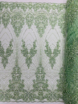 Royalty Damask Beaded Lace Fabric - Damask Pattern, Beaded Mesh, 54" Width (1 Yard)