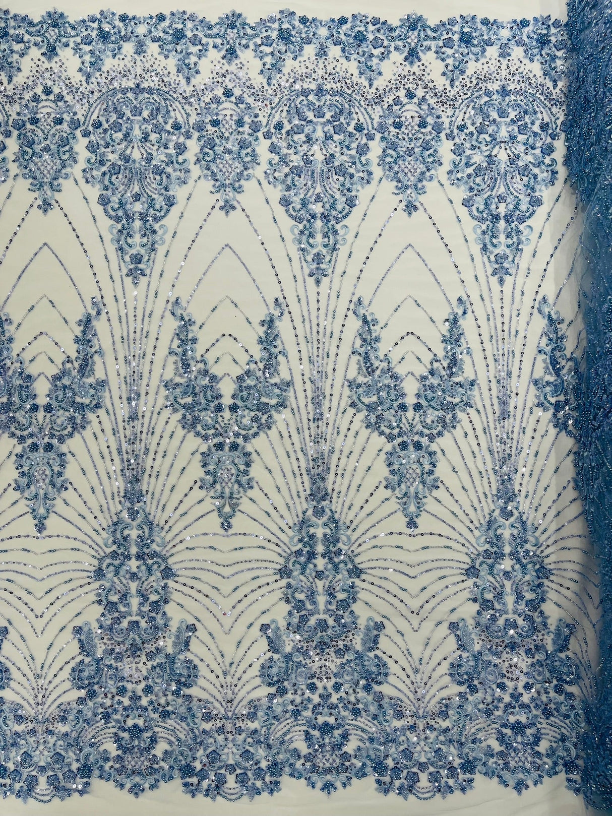 Royalty Damask Beaded Lace Fabric - Damask Pattern, Beaded Mesh, 54" Width (1 Yard)