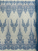 Royalty Damask Beaded Lace Fabric - Damask Pattern, Beaded Mesh, 54" Width (1 Yard)