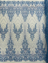 Royalty Damask Beaded Lace Fabric - Damask Pattern, Beaded Mesh, 54" Width (1 Yard)