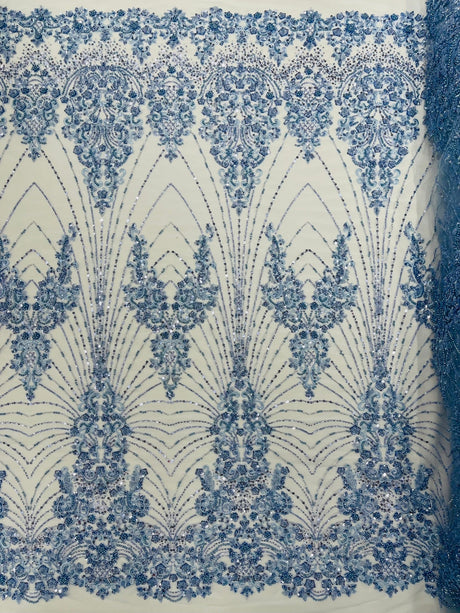 Royalty Damask Beaded Lace Fabric - Damask Pattern, Beaded Mesh, 54" Width (1 Yard)