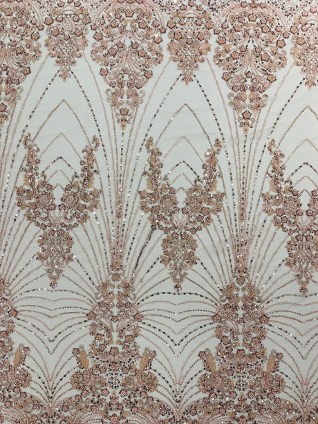 Royalty Damask Beaded Lace Fabric - Damask Pattern, Beaded Mesh, 54" Width (1 Yard)