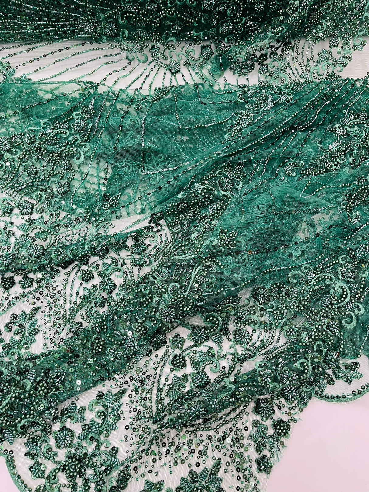 Royalty Damask Beaded Lace Fabric - Damask Pattern, Beaded Mesh, 54" Width (1 Yard)