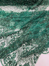 Royalty Damask Beaded Lace Fabric - Damask Pattern, Beaded Mesh, 54" Width (1 Yard)