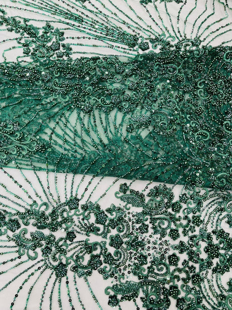 Royalty Damask Beaded Lace Fabric - Damask Pattern, Beaded Mesh, 54" Width (1 Yard)