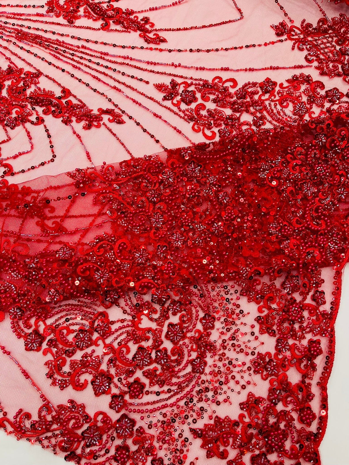 Royalty Damask Beaded Lace Fabric - Damask Pattern, Beaded Mesh, 54" Width (1 Yard)