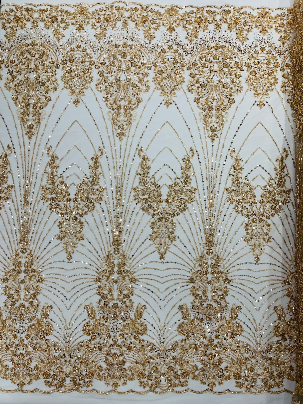 Royalty Damask Beaded Lace Fabric - Damask Pattern, Beaded Mesh, 54" Width (1 Yard)