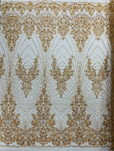 Royalty Damask Beaded Lace Fabric - Damask Pattern, Beaded Mesh, 54" Width (1 Yard)