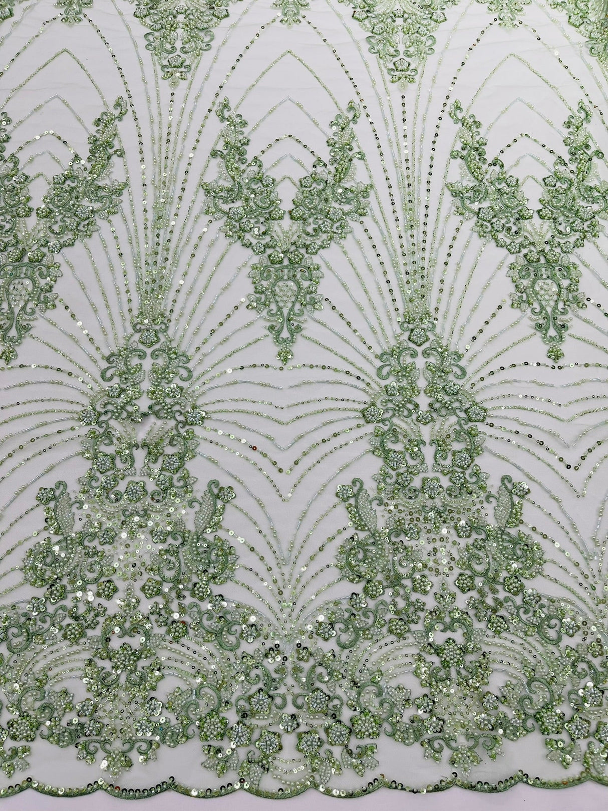 Royalty Damask Beaded Lace Fabric - Damask Pattern, Beaded Mesh, 54" Width (1 Yard)