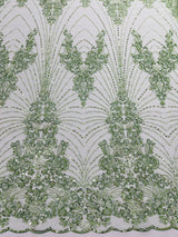 Royalty Damask Beaded Lace Fabric - Damask Pattern, Beaded Mesh, 54" Width (1 Yard)