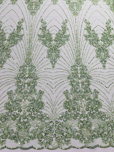 Royalty Damask Beaded Lace Fabric - Damask Pattern, Beaded Mesh, 54" Width (1 Yard)