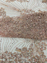 Royalty Damask Beaded Lace Fabric - Damask Pattern, Beaded Mesh, 54" Width (1 Yard)