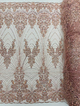 Royalty Damask Beaded Lace Fabric - Damask Pattern, Beaded Mesh, 54" Width (1 Yard)