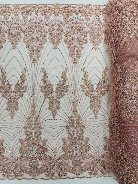Royalty Damask Beaded Lace Fabric - Damask Pattern, Beaded Mesh, 54" Width (1 Yard)