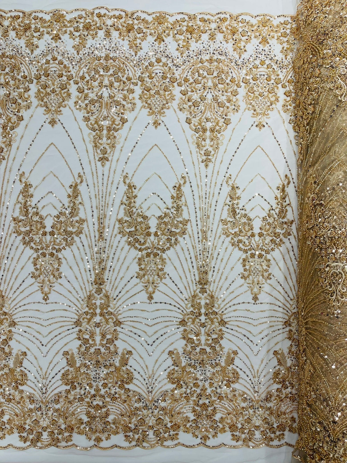 Royalty Damask Beaded Lace Fabric - Damask Pattern, Beaded Mesh, 54" Width (1 Yard)