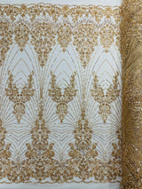 Royalty Damask Beaded Lace Fabric - Damask Pattern, Beaded Mesh, 54" Width (1 Yard)