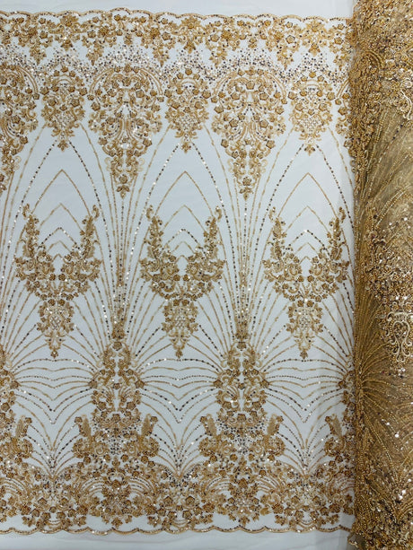 Royalty Damask Beaded Lace Fabric - Damask Pattern, Beaded Mesh, 54" Width (1 Yard)