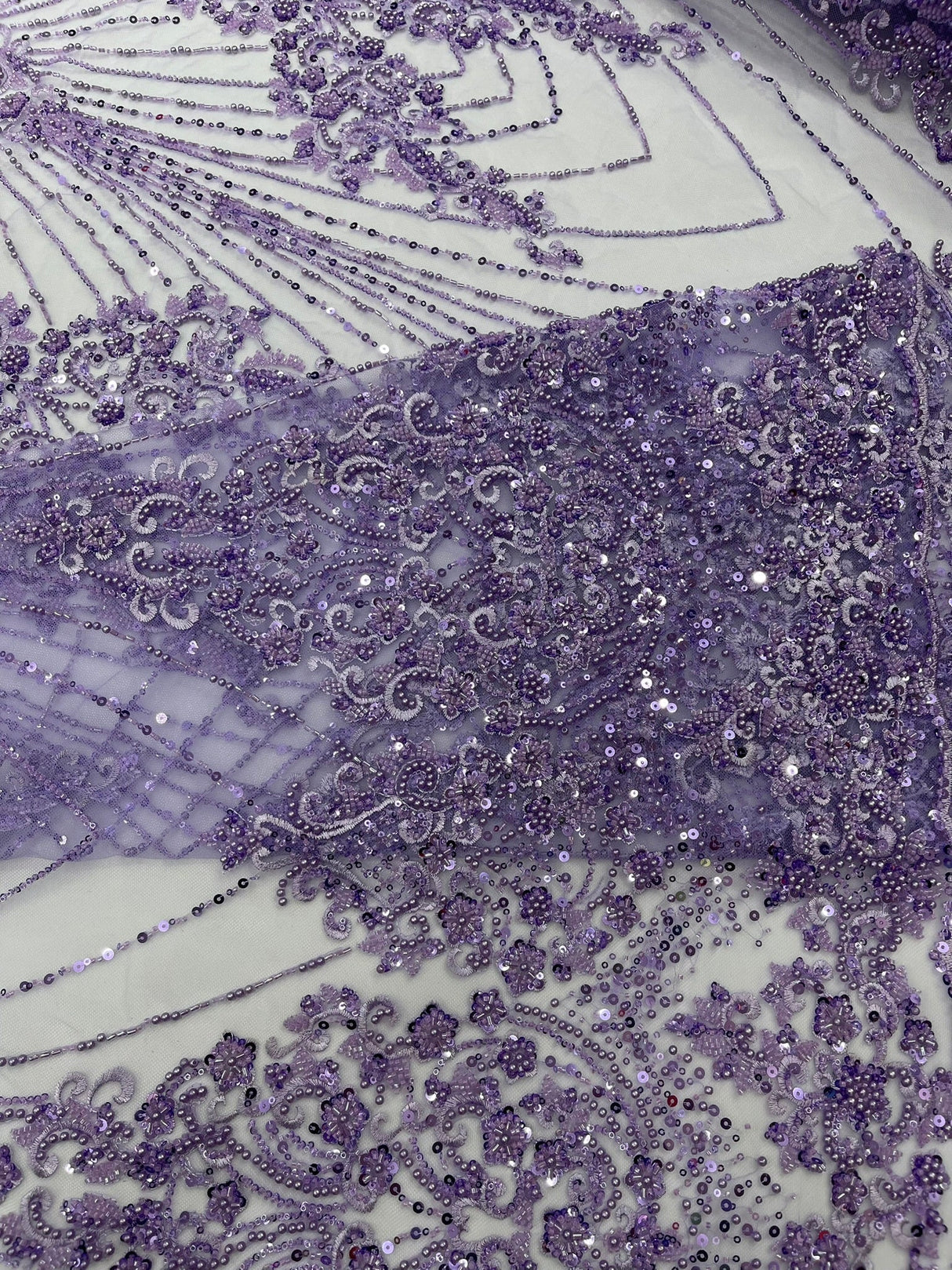 Royalty Damask Beaded Lace Fabric - Damask Pattern, Beaded Mesh, 54" Width (1 Yard)