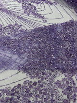 Royalty Damask Beaded Lace Fabric - Damask Pattern, Beaded Mesh, 54" Width (1 Yard)