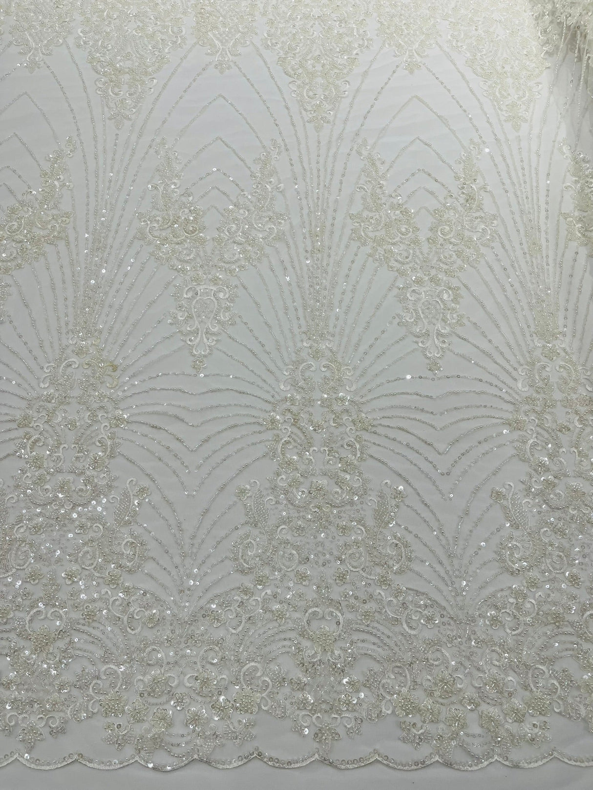 Royalty Damask Beaded Lace Fabric - Damask Pattern, Beaded Mesh, 54" Width (1 Yard)