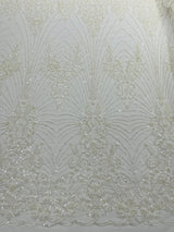 Royalty Damask Beaded Lace Fabric - Damask Pattern, Beaded Mesh, 54" Width (1 Yard)