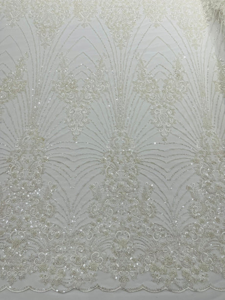 Royalty Damask Beaded Lace Fabric - Damask Pattern, Beaded Mesh, 54" Width (1 Yard)