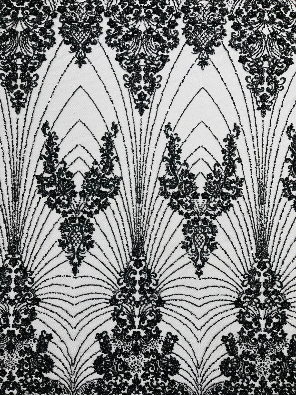 Royalty Damask Beaded Lace Fabric - Damask Pattern, Beaded Mesh, 54" Width (1 Yard)