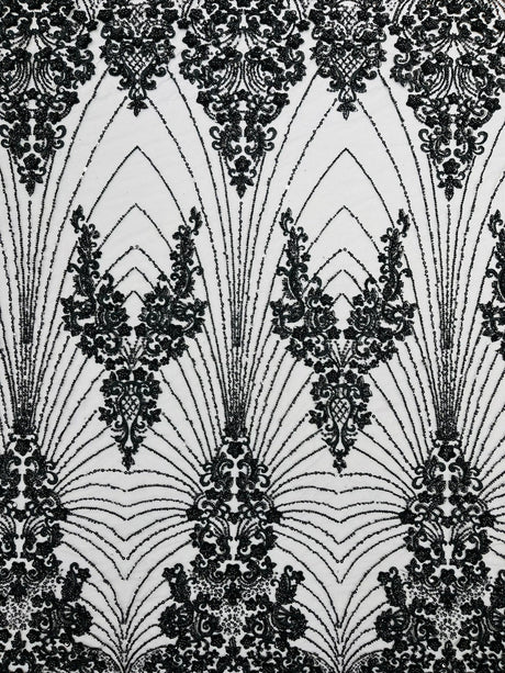 Royalty Damask Beaded Lace Fabric - Damask Pattern, Beaded Mesh, 54" Width (1 Yard)
