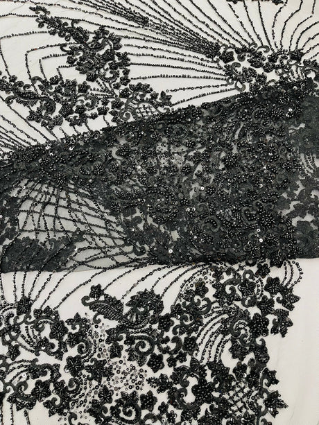 Royalty Damask Beaded Lace Fabric - Damask Pattern, Beaded Mesh, 54" Width (1 Yard)