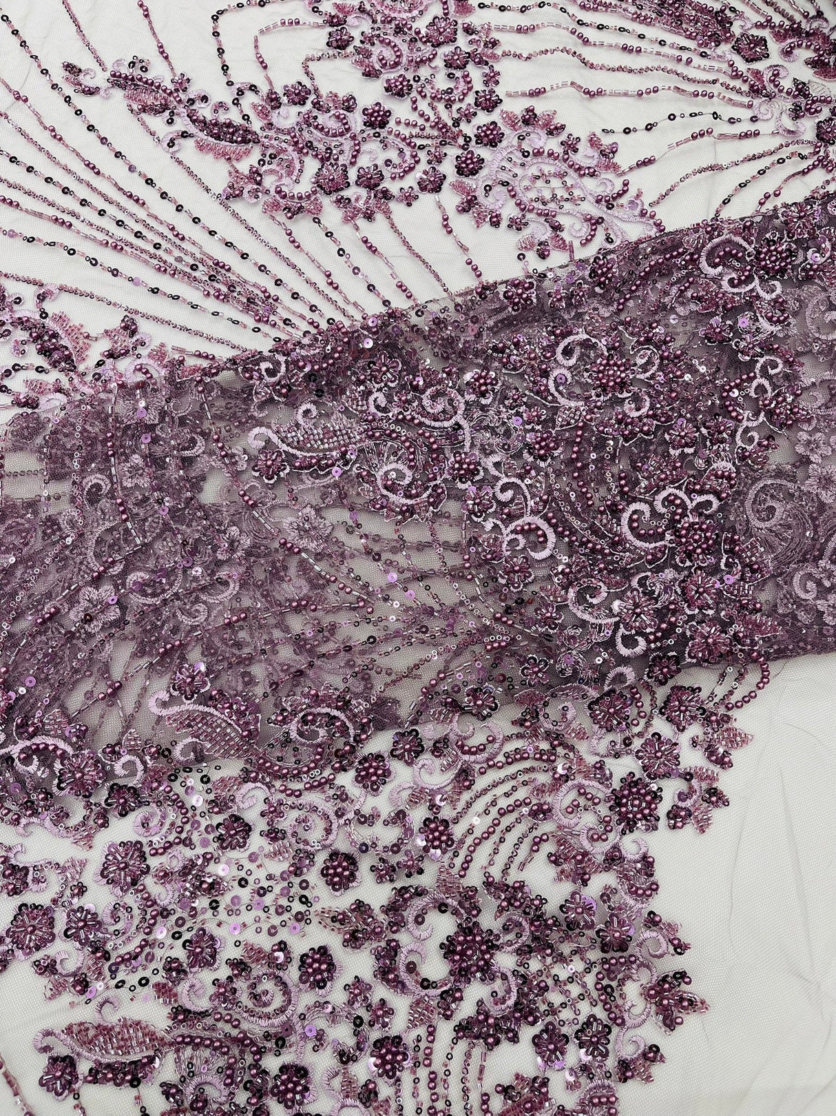 Royalty Damask Beaded Lace Fabric - Damask Pattern, Beaded Mesh, 54" Width (1 Yard)