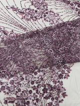 Royalty Damask Beaded Lace Fabric - Damask Pattern, Beaded Mesh, 54" Width (1 Yard)