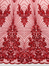 Royalty Damask Beaded Lace Fabric - Damask Pattern, Beaded Mesh, 54" Width (1 Yard)
