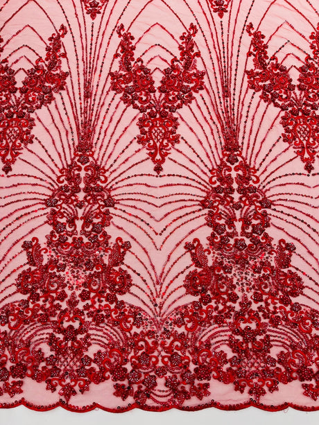 Royalty Damask Beaded Lace Fabric - Damask Pattern, Beaded Mesh, 54" Width (1 Yard)