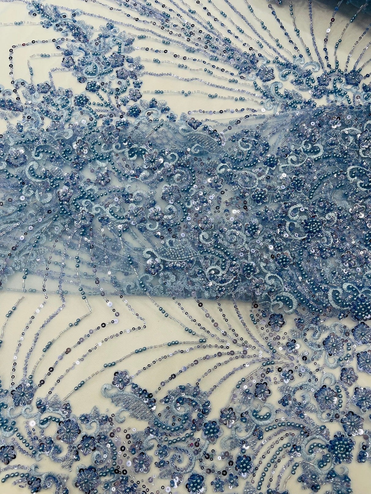 Royalty Damask Beaded Lace Fabric - Damask Pattern, Beaded Mesh, 54" Width (1 Yard)