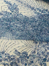 Royalty Damask Beaded Lace Fabric - Damask Pattern, Beaded Mesh, 54" Width (1 Yard)