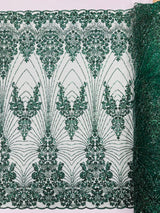 Royalty Damask Beaded Lace Fabric - Damask Pattern, Beaded Mesh, 54" Width (1 Yard)